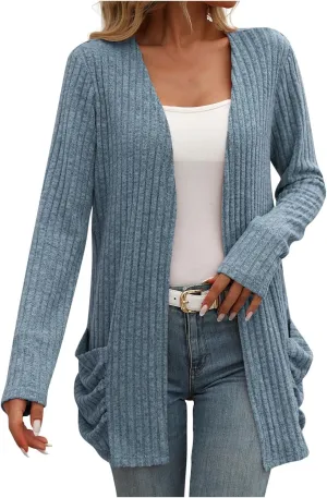Womens Fall Open Front Cardigan Lightweight Soft Ribbed Knit Cardigan Sweaters Long Sleeve Coat Outwear with Pockets