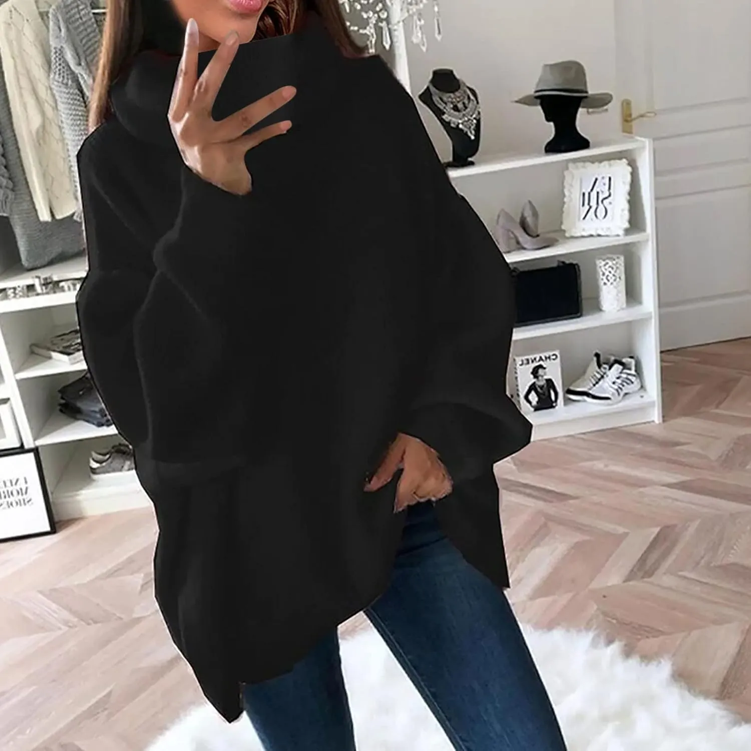 Womens Fall Oversized Sweaters 2023 Fashion Chic Turtleneck Batwing Long Sleeve Jumper Tops Soft Knitted Pullover
