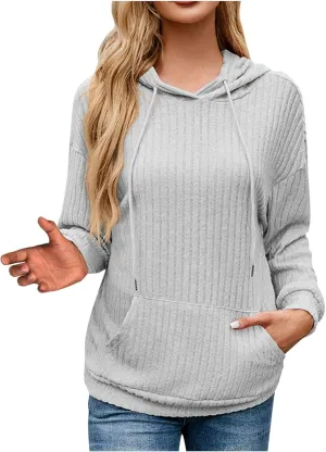 Womens Fall Sweatshirts 2024 Baggy Lounge Knitted Hooded Blouses Shirts Loose Long Sleeve Pullover Casual Tunic Tops