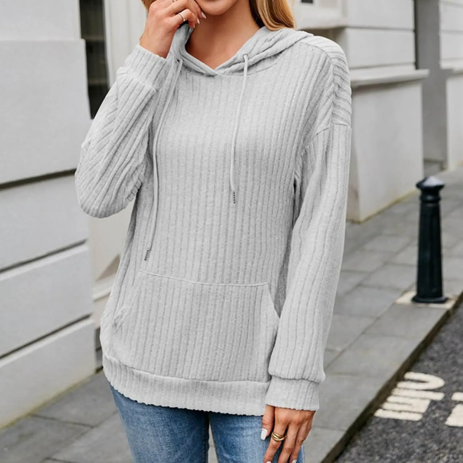 Womens Fall Sweatshirts 2024 Baggy Lounge Knitted Hooded Blouses Shirts Loose Long Sleeve Pullover Casual Tunic Tops