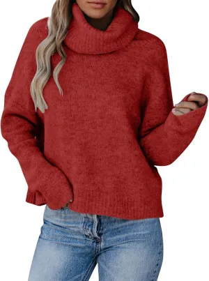 Womens Fall Tops Trendy Casual Turtleneck Sweaters Soft Warm Winter Knitted Sweaters Plus Size Jumper Tops