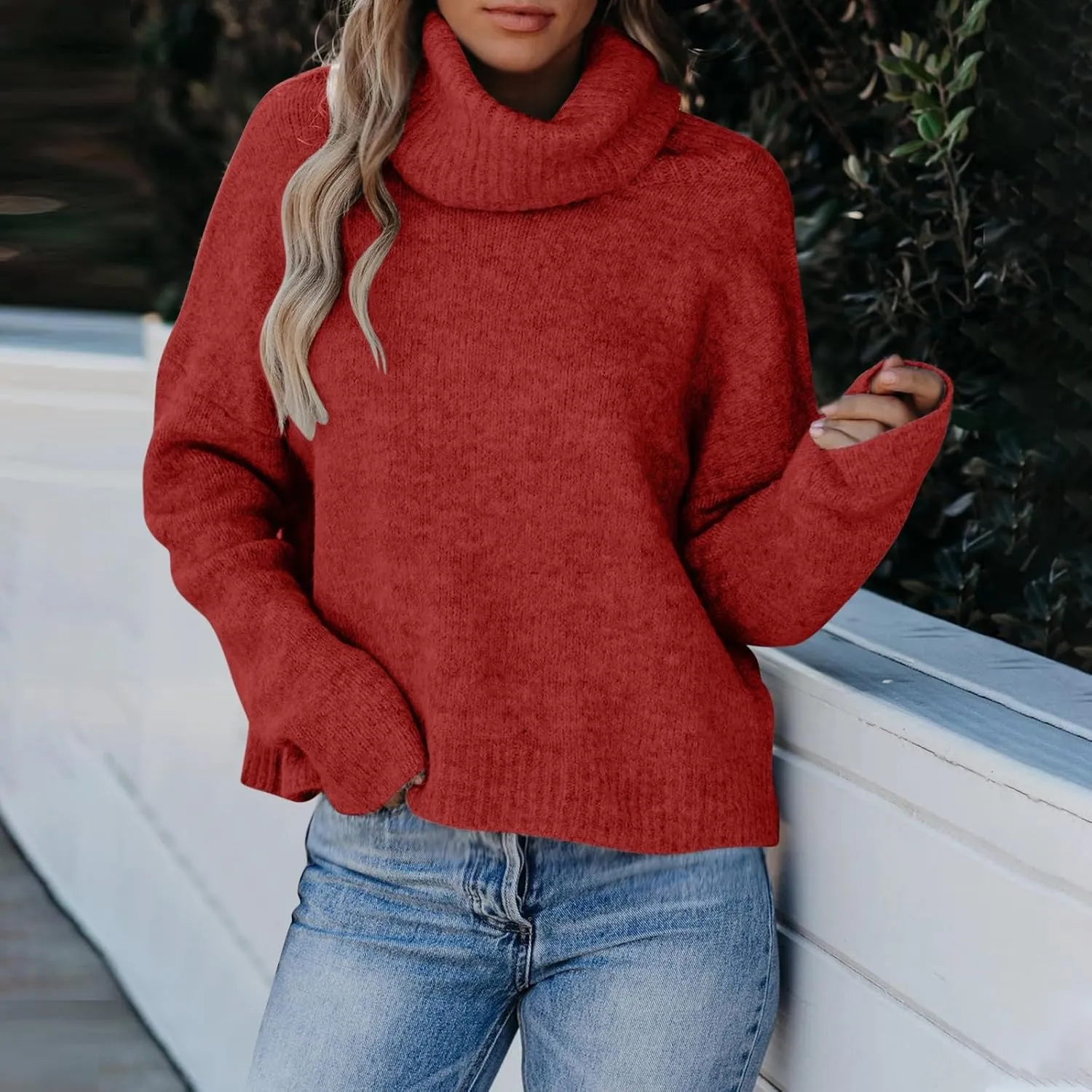 Womens Fall Tops Trendy Casual Turtleneck Sweaters Soft Warm Winter Knitted Sweaters Plus Size Jumper Tops