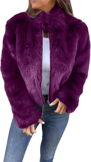 Women's Fashion Cropped Faux Fur Jacket Shaggy Warm Open Front Cardigan Coat Casual Long Sleeve Fluffy Outerwear