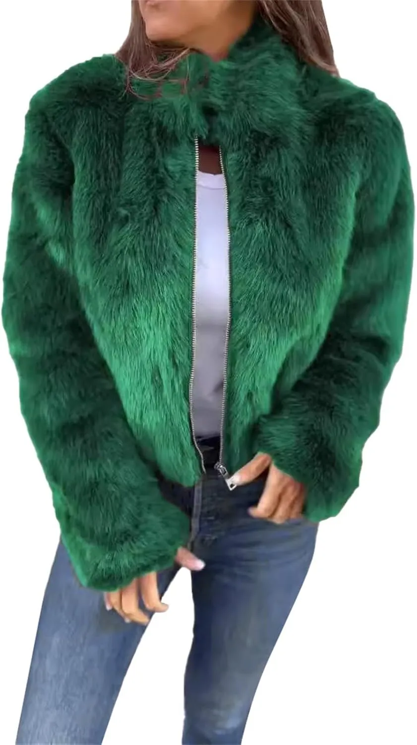 Women's Fashion Cropped Faux Fur Jacket Shaggy Warm Open Front Cardigan Coat Casual Long Sleeve Fluffy Outerwear