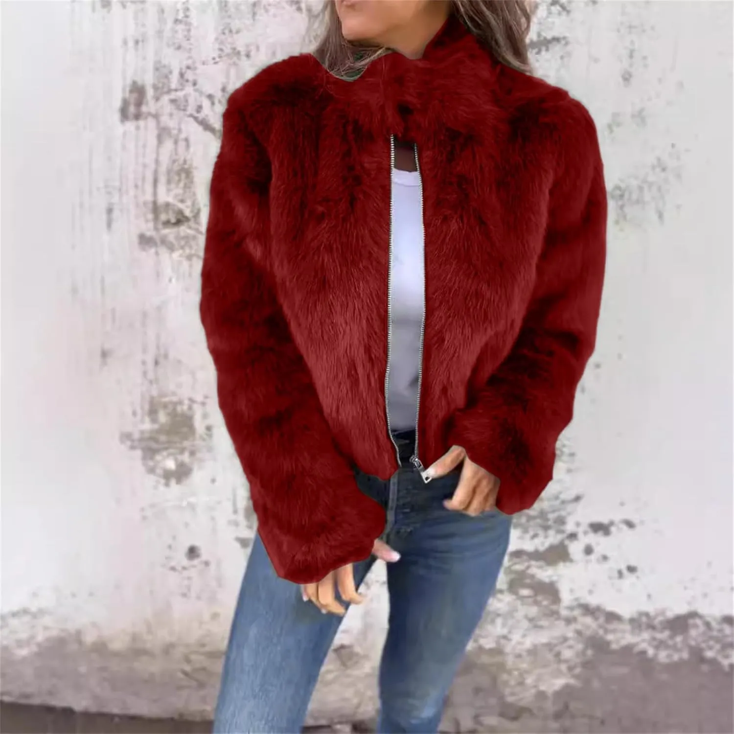 Women's Fashion Cropped Faux Fur Jacket Shaggy Warm Open Front Cardigan Coat Casual Long Sleeve Fluffy Outerwear