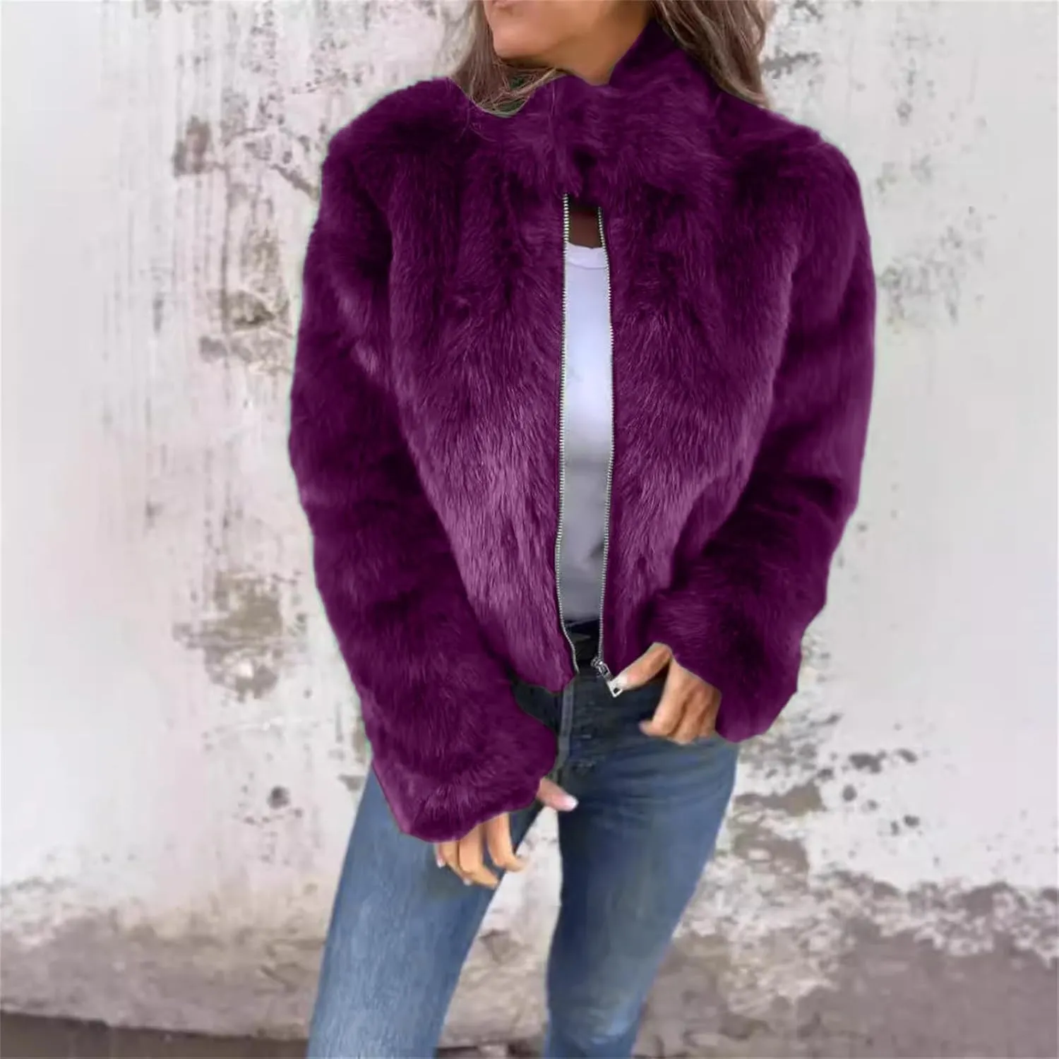 Women's Fashion Cropped Faux Fur Jacket Shaggy Warm Open Front Cardigan Coat Casual Long Sleeve Fluffy Outerwear