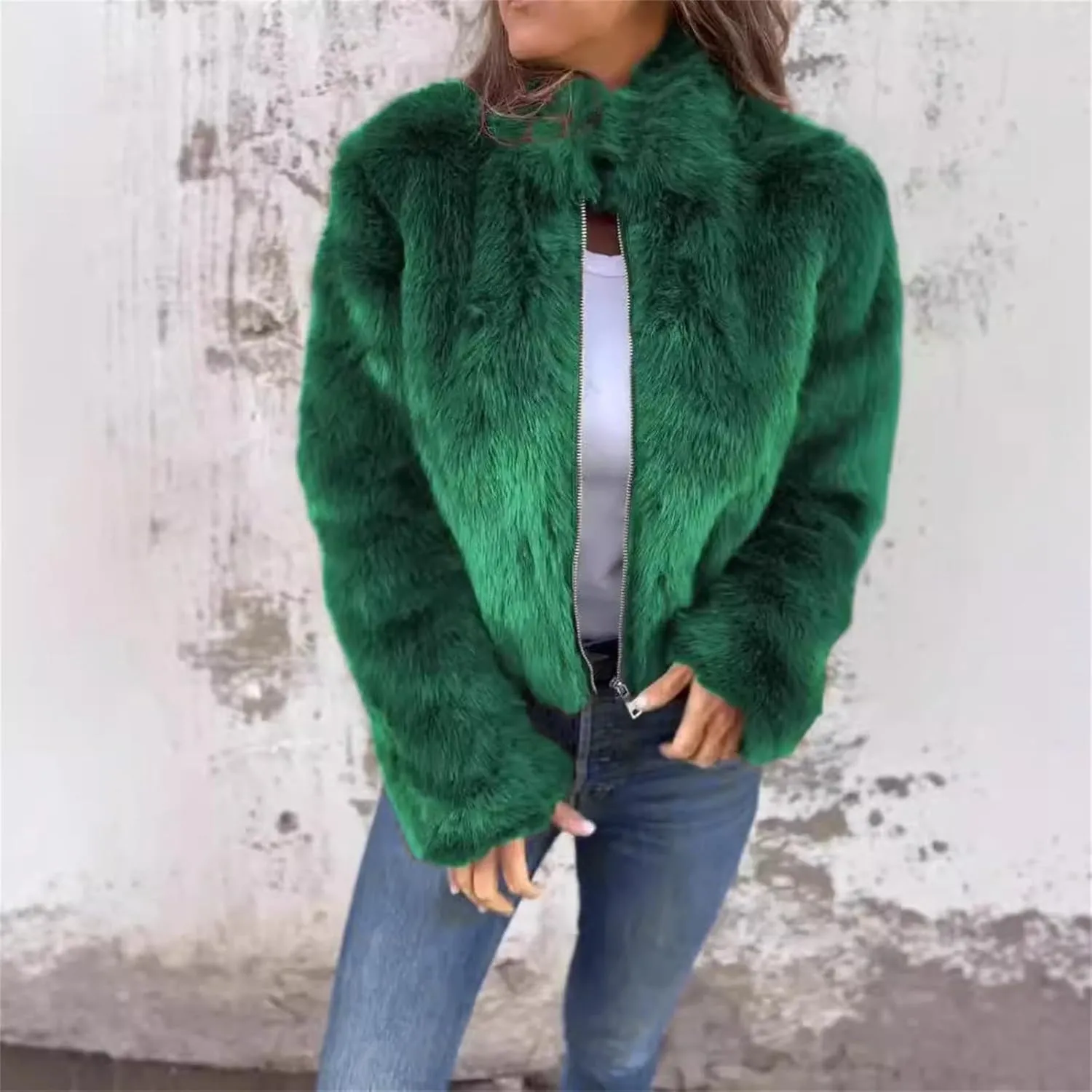 Women's Fashion Cropped Faux Fur Jacket Shaggy Warm Open Front Cardigan Coat Casual Long Sleeve Fluffy Outerwear
