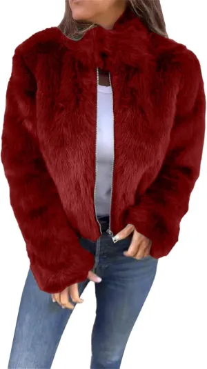 Women's Fashion Cropped Faux Fur Jacket Shaggy Warm Open Front Cardigan Coat Casual Long Sleeve Fluffy Outerwear