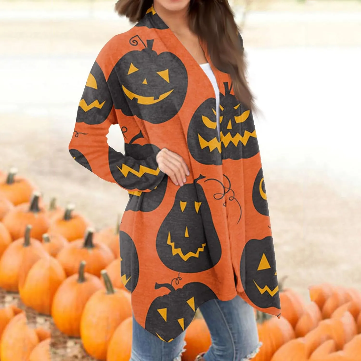 Womens Fashion Halloween Long Sleeve Cardigan Fall Open Front Cardigan Pumpkin Print Medium Length Coat