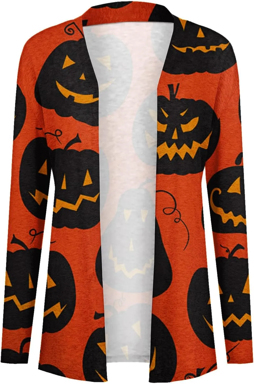 Womens Fashion Halloween Long Sleeve Cardigan Fall Open Front Cardigan Pumpkin Print Medium Length Coat