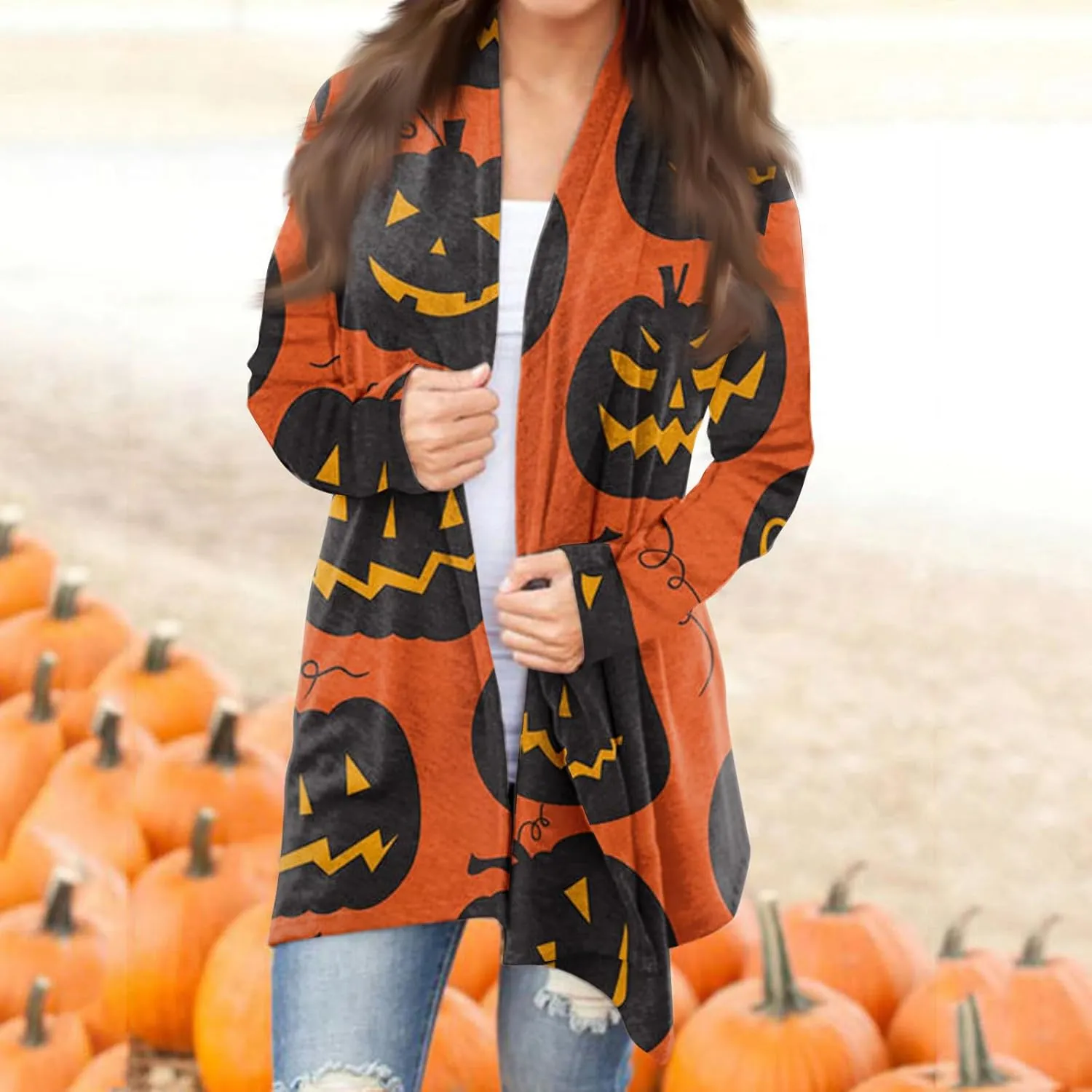 Womens Fashion Halloween Long Sleeve Cardigan Fall Open Front Cardigan Pumpkin Print Medium Length Coat