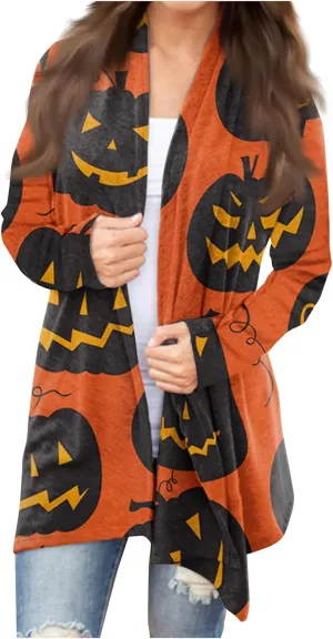 Womens Fashion Halloween Long Sleeve Cardigan Fall Open Front Cardigan Pumpkin Print Medium Length Coat