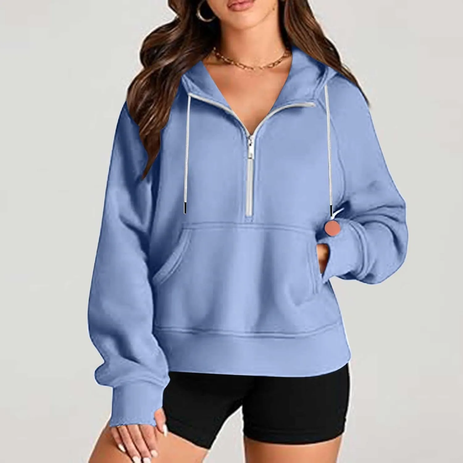 Women'S Fashion Hoodies Cropped Half Zip Pullover Tops Casual Loose Hoodie With Thumb Hole Fleece Soft Sweatshirt 2024