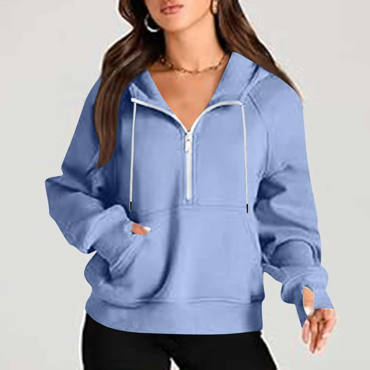 Women'S Fashion Hoodies Cropped Half Zip Pullover Tops Casual Loose Hoodie With Thumb Hole Fleece Soft Sweatshirt 2024