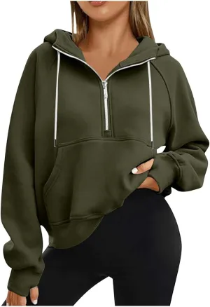 Women'S Fashion Hoodies Cropped Half Zip Pullover Tops Casual Loose Hoodie With Thumb Hole Fleece Soft Sweatshirt 2024