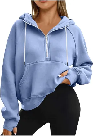 Women'S Fashion Hoodies Cropped Half Zip Pullover Tops Casual Loose Hoodie With Thumb Hole Fleece Soft Sweatshirt 2024