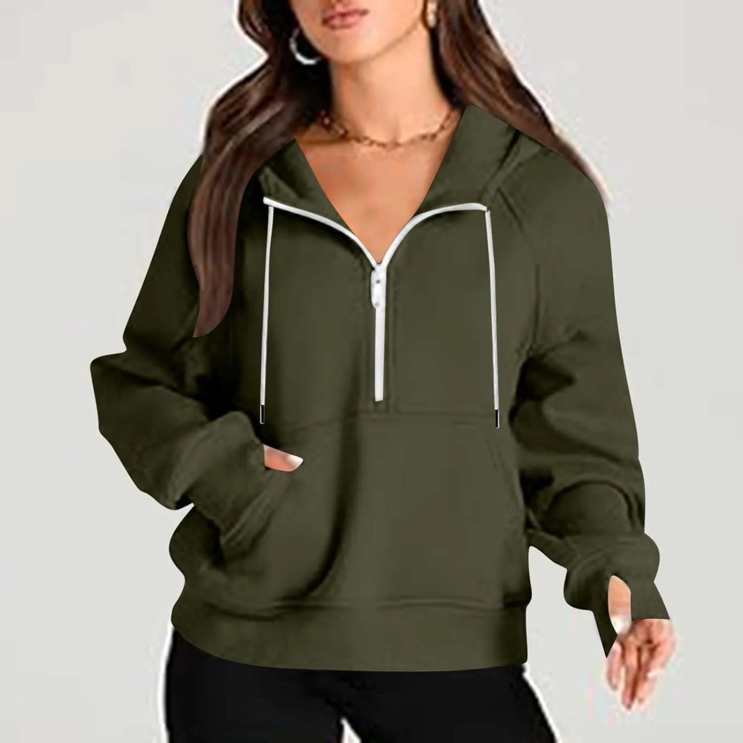 Women'S Fashion Hoodies Cropped Half Zip Pullover Tops Casual Loose Hoodie With Thumb Hole Fleece Soft Sweatshirt 2024