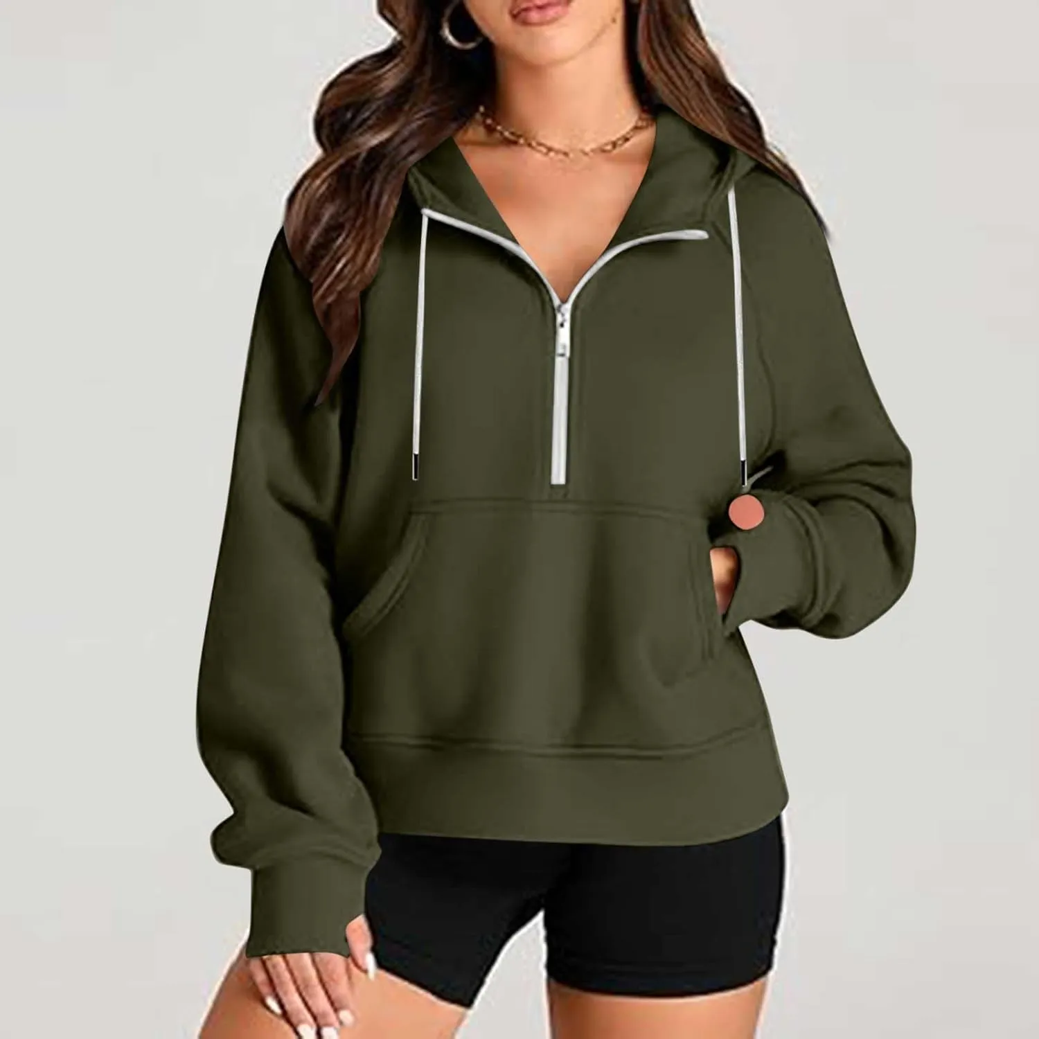 Women'S Fashion Hoodies Cropped Half Zip Pullover Tops Casual Loose Hoodie With Thumb Hole Fleece Soft Sweatshirt 2024