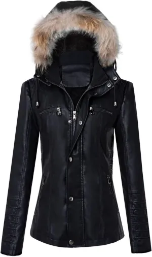 Womens Faux Leather Jacket with Removable Hooded Zip Up Moto Biker Jacket 2023 Fashion Fall Motorcycle Coats