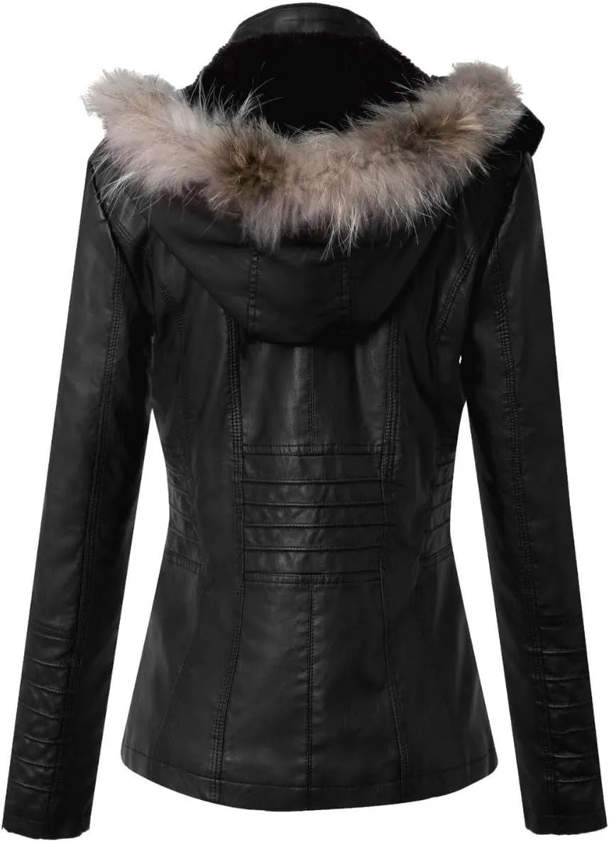 Womens Faux Leather Jacket with Removable Hooded Zip Up Moto Biker Jacket 2023 Fashion Fall Motorcycle Coats