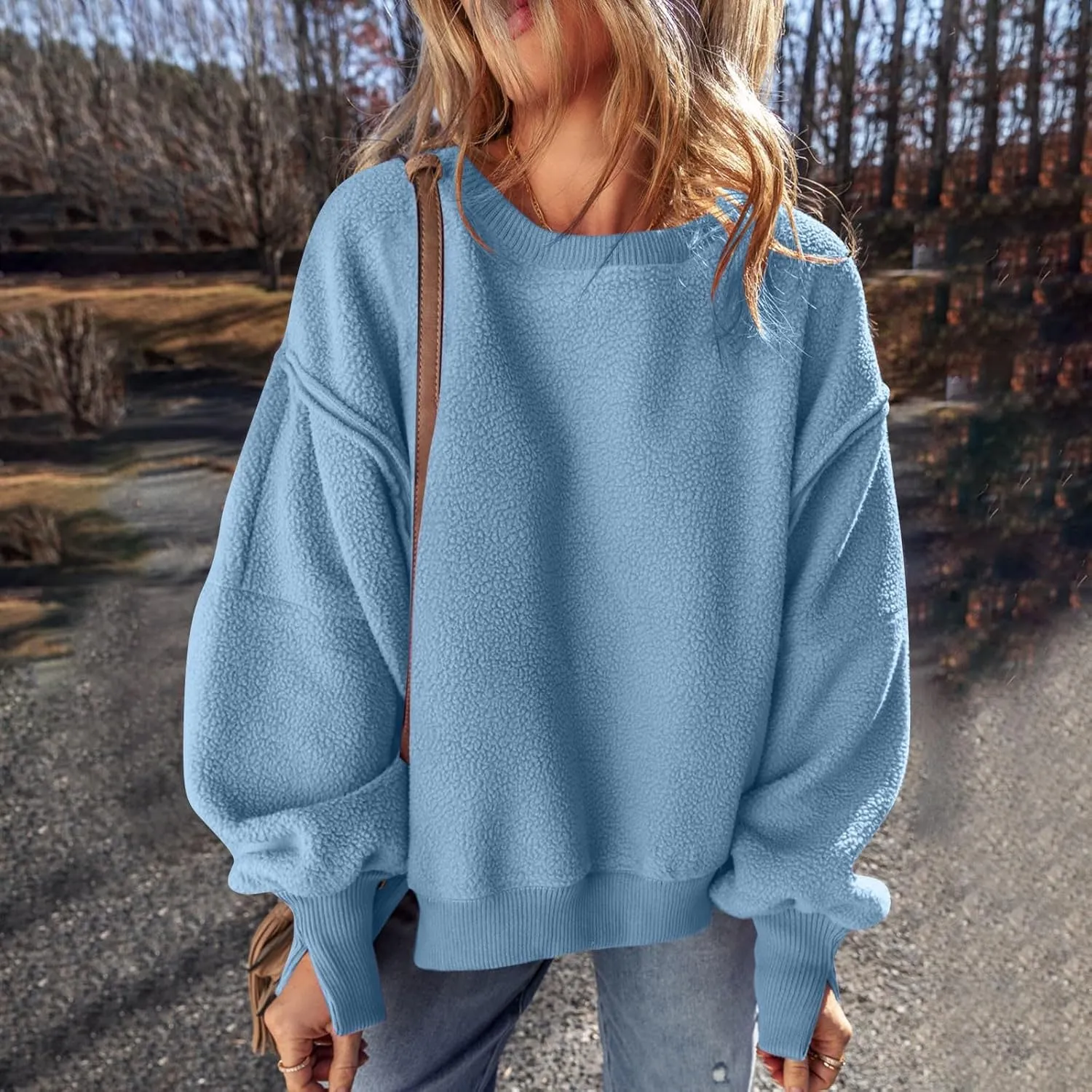 Women's Fleece Sweatshirt Winter Casual Fuzzy Warm Sweatshirt Long Sleeve Patchwork Sherpa Pullover Tops