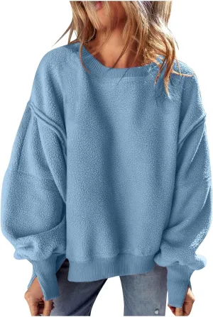 Women's Fleece Sweatshirt Winter Casual Fuzzy Warm Sweatshirt Long Sleeve Patchwork Sherpa Pullover Tops