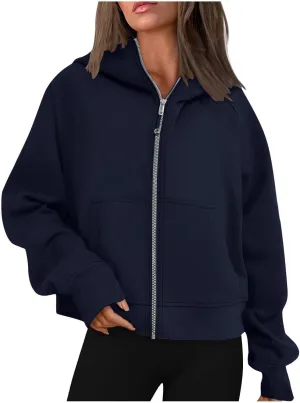 Womens Full-Zip Hoodie Fashion Oversized Solid Crewneck Fit Sweatshirts Long Sleeve Shirt Trendy Fall Outfits Tops