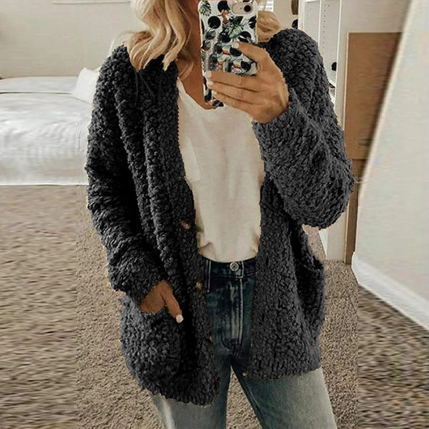 Women's Fuzzy Popcorn Button Down Long Sleeve Cardigan Knit Oversized Sherpa Sweater Cozy Plus Size Coat with Pockets