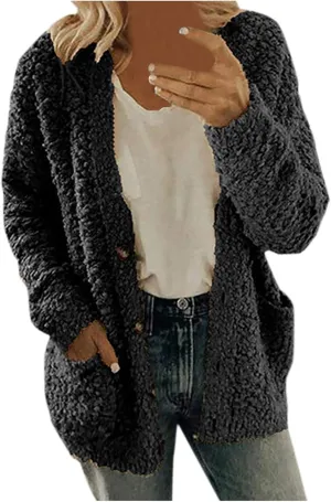 Women's Fuzzy Popcorn Button Down Long Sleeve Cardigan Knit Oversized Sherpa Sweater Cozy Plus Size Coat with Pockets