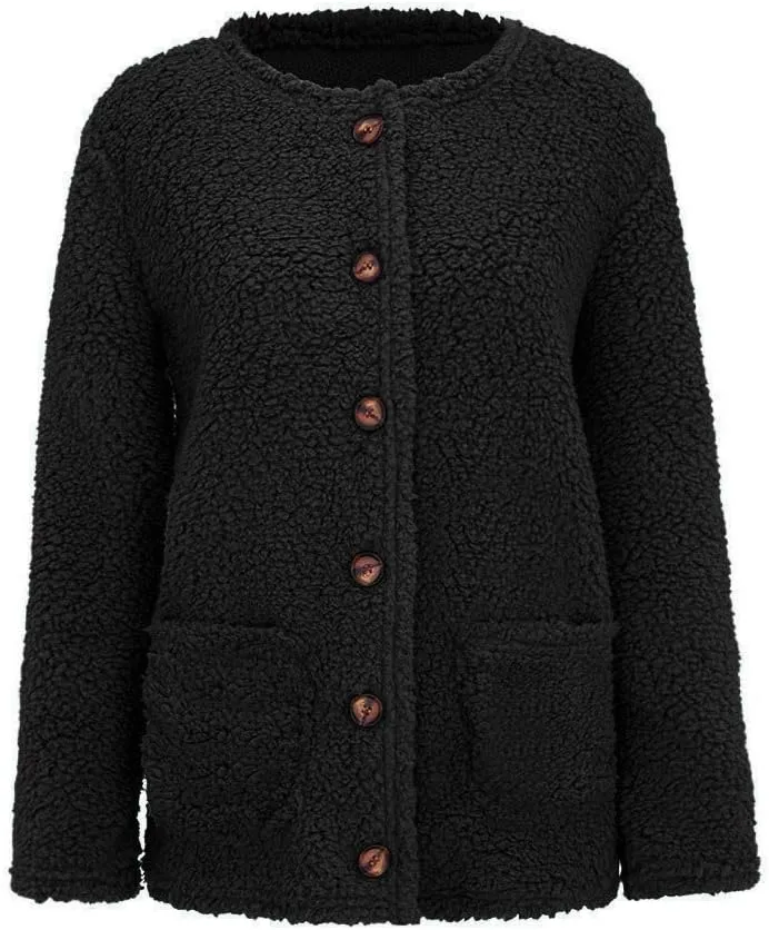Women's Fuzzy Popcorn Button Down Long Sleeve Cardigan Knit Oversized Sherpa Sweater Cozy Plus Size Coat with Pockets