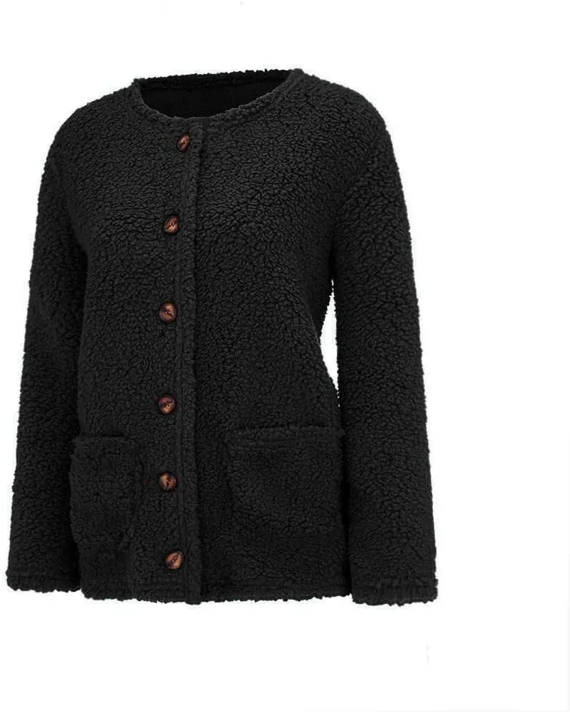 Women's Fuzzy Popcorn Button Down Long Sleeve Cardigan Knit Oversized Sherpa Sweater Cozy Plus Size Coat with Pockets