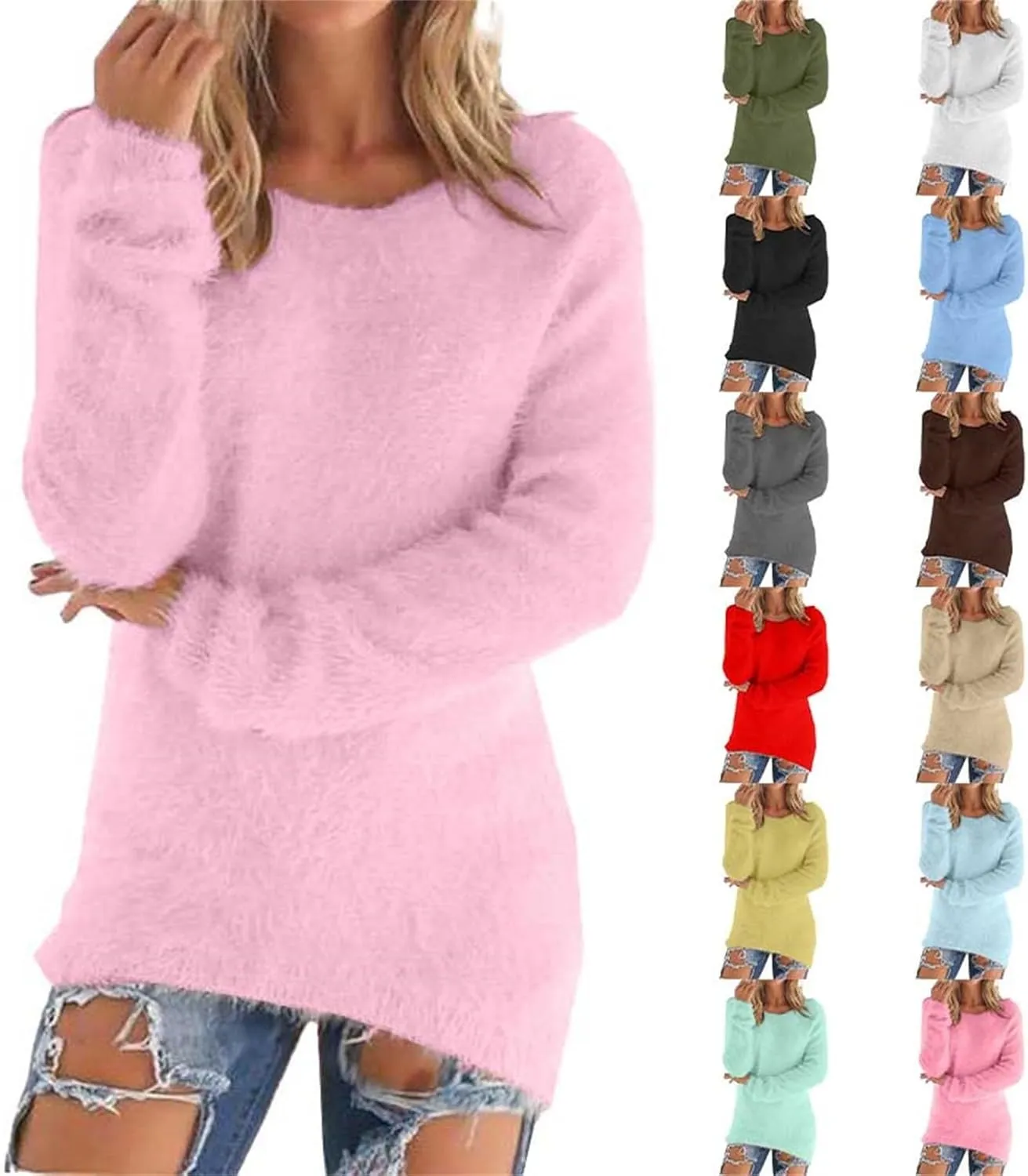 Women's Fuzzy Sweater Fashionable Long Sleeve Pullover Loose Fluffy Plush Jumper Sweater Crewneck Soft Comfy Tops