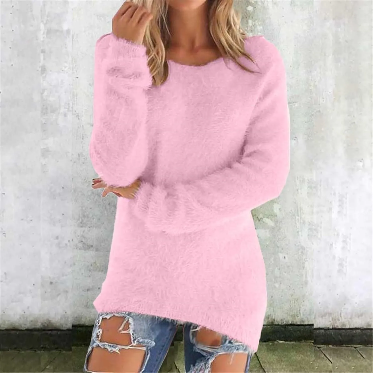 Women's Fuzzy Sweater Fashionable Long Sleeve Pullover Loose Fluffy Plush Jumper Sweater Crewneck Soft Comfy Tops