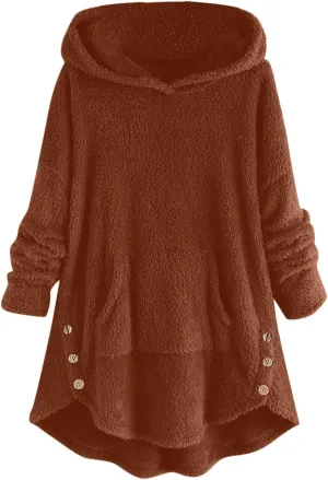 Women's Fuzzy Warm Pullover Tops Button Down Long Sleeve Hooded Sweatshirts Fluffy Soft Fleece Jackets Sweaters