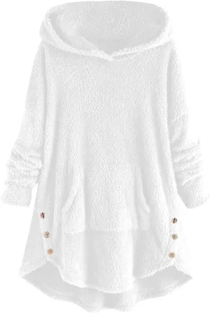 Women's Fuzzy Warm Pullover Tops Button Down Long Sleeve Hooded Sweatshirts Fluffy Soft Fleece Jackets Sweaters