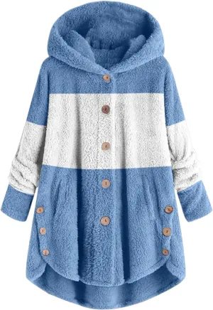 Women's Fuzzy Warm Pullover Tops Button Down Long Sleeve Hooded Sweatshirts Fluffy Soft Fleece Jackets Sweaters