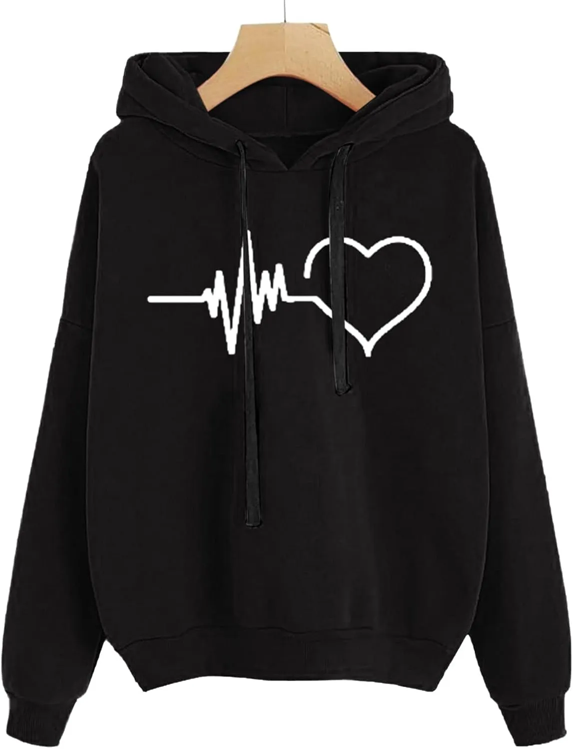 Women's Graphic Letter Heart Print Long Sleeve Hoodie Sweatshirt with Pocket Loose Oversized Drawstring Pullover