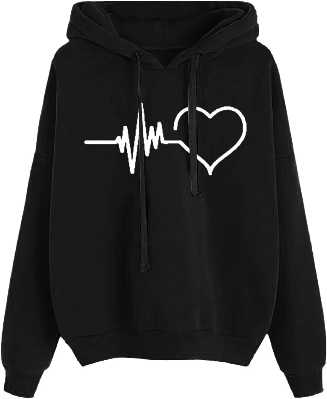 Women's Graphic Letter Heart Print Long Sleeve Hoodie Sweatshirt with Pocket Loose Oversized Drawstring Pullover