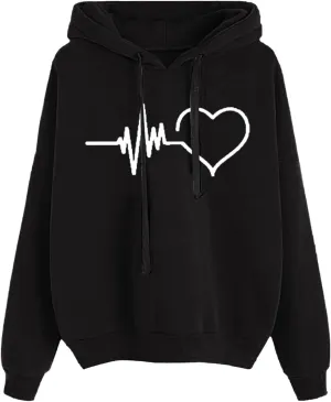 Women's Graphic Letter Heart Print Long Sleeve Hoodie Sweatshirt with Pocket Loose Oversized Drawstring Pullover
