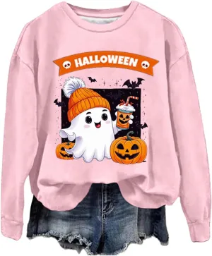 Womens Halloween Sweatshirts Funny Pumpkin Ghost Graphic Sweatshirt Spooky Season Party Sweater Fall Pullover Top