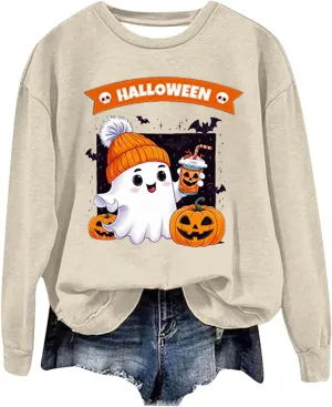 Womens Halloween Sweatshirts Funny Pumpkin Ghost Graphic Sweatshirt Spooky Season Party Sweater Fall Pullover Top