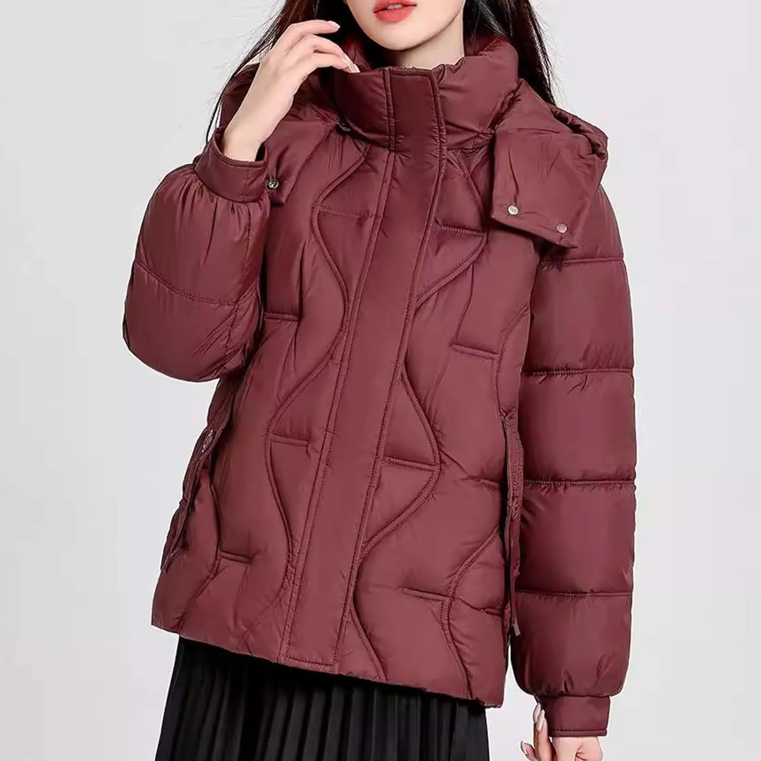 Women's Hooded Puffer Jacket Plus Size Lightweight Zip Up Quilted Down Jacket Winter Warm Puffer Outwear with Pockets