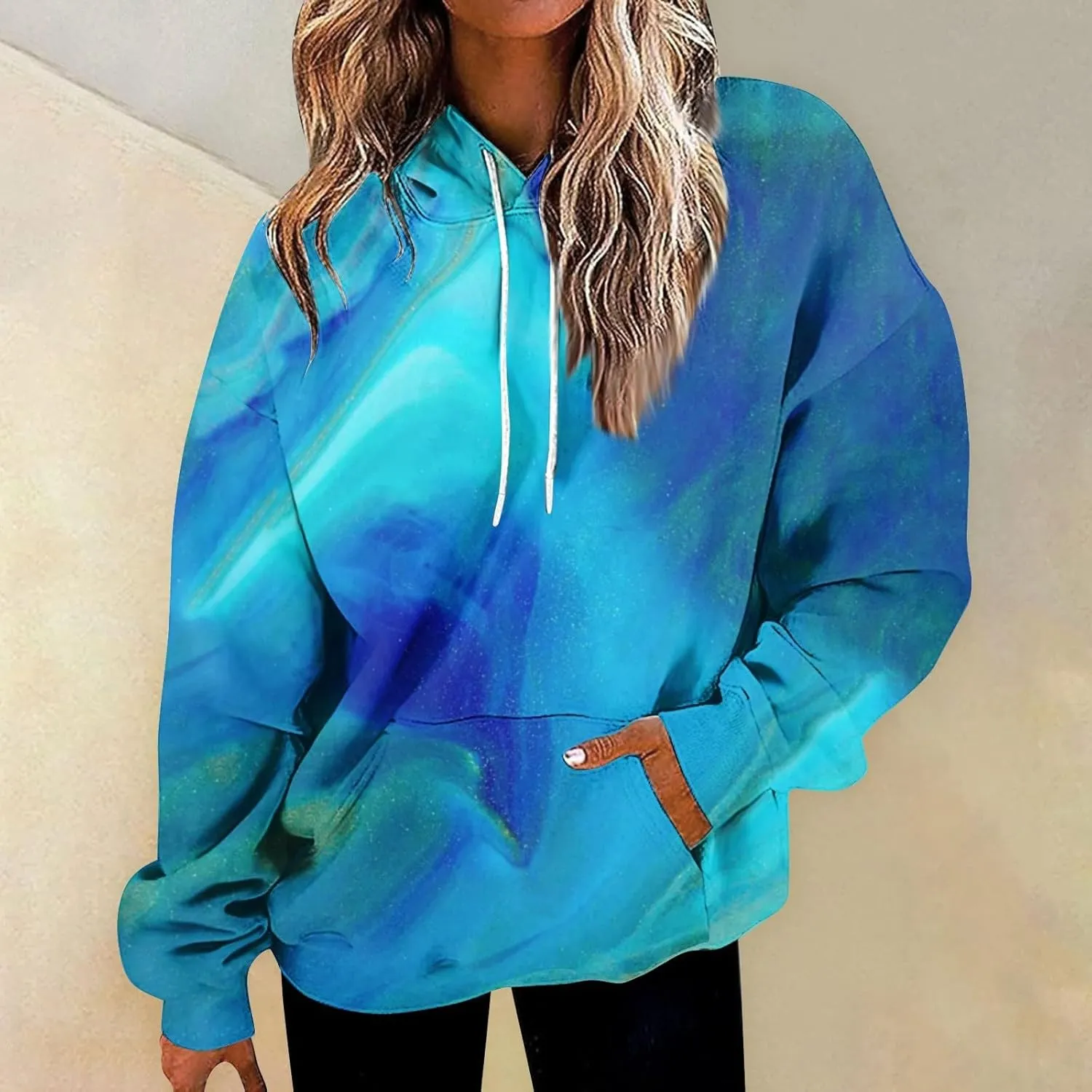 Womens Hoodies Long Sleeve Printed Pullover Graphic Sweatshirt Hooded Top Loose Hoodie Fall Outfits with Pocket