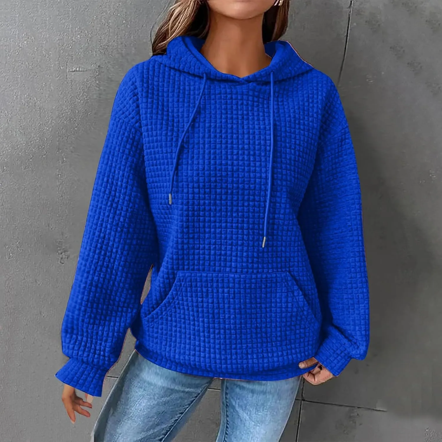 Womens Hoodies Waffle Knit Pullover Tops Loose Hoodie Casual Long Sleeve Drawstring Sweatshirt with Kangaroo Pocket