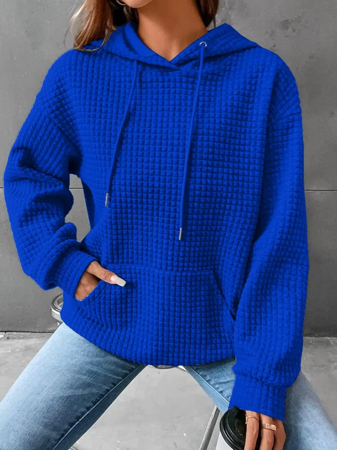Womens Hoodies Waffle Knit Pullover Tops Loose Hoodie Casual Long Sleeve Drawstring Sweatshirt with Kangaroo Pocket