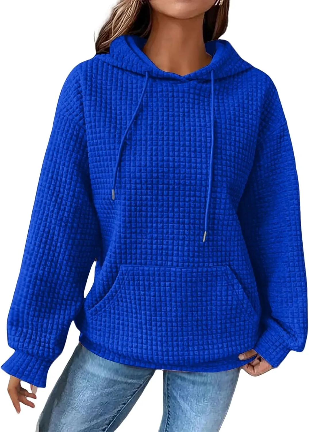 Womens Hoodies Waffle Knit Pullover Tops Loose Hoodie Casual Long Sleeve Drawstring Sweatshirt with Kangaroo Pocket
