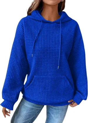 Womens Hoodies Waffle Knit Pullover Tops Loose Hoodie Casual Long Sleeve Drawstring Sweatshirt with Kangaroo Pocket