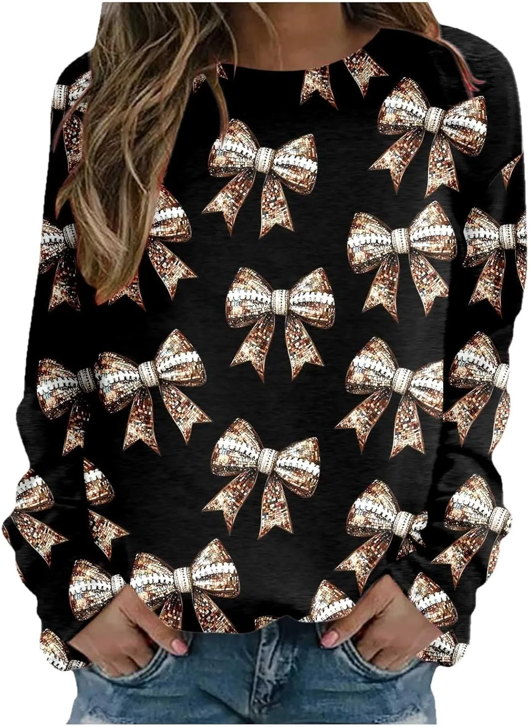 Womens Hoodless Sweatshirts Game Day Sparkle Football Sequin Rugby Print Long Sleeve Pullovers Crewneck Loose Shirt