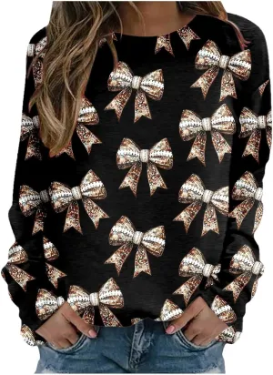 Womens Hoodless Sweatshirts Game Day Sparkle Football Sequin Rugby Print Long Sleeve Pullovers Crewneck Loose Shirt