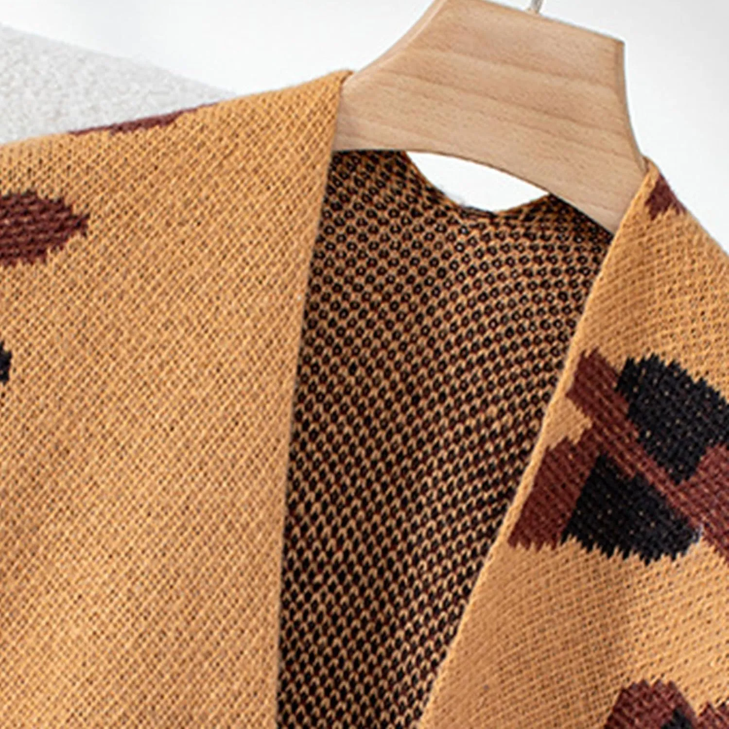 Women's Knit Shawl Wraps, Color Block Knitted Poncho Cape Open Front Cardigan Sweater with Tassel for Fall Winter